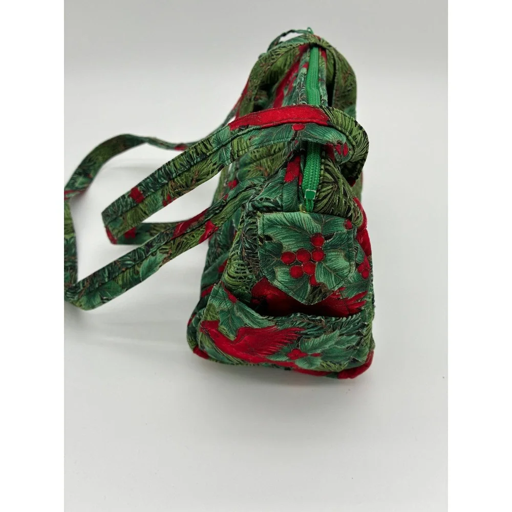Handmade Quilted Christmas Cardinal Handbag Green Red Holiday Barrel Bag